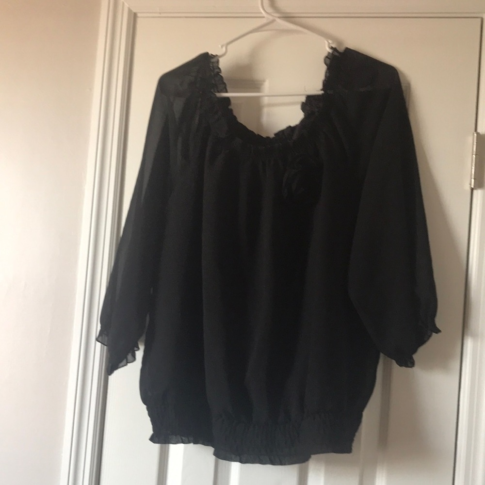 Check Me First Black 3/4 Sheer Sleeve Top With Black Rose Accent Junior Size XL